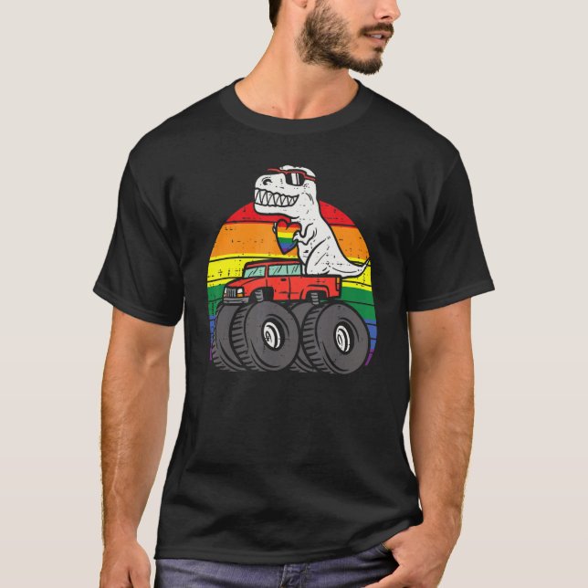 T-shirt Trex Monster Truck Rainbow Gay Sunset Retro Lgbtq (Devant)