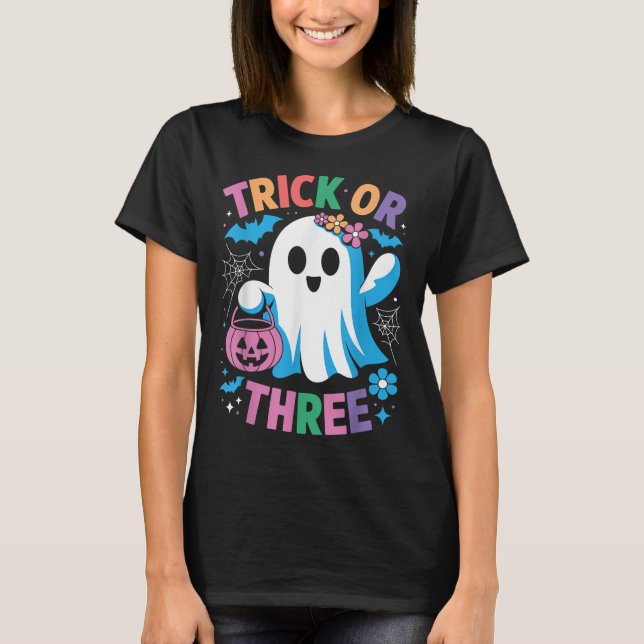 T-shirt Trick Or Three Cute Ghost Groovy 3rd Birthday Girl (Devant)