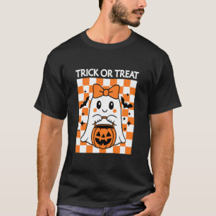 T-shirt Trick Or Treat Fantôme Mignon Fond à Carreaux Amus