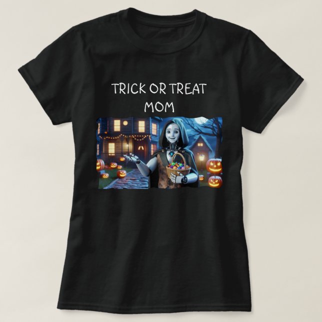 T-shirt Trick or Treat Mom AI Robot with Citrouille & Bask (Design devant)
