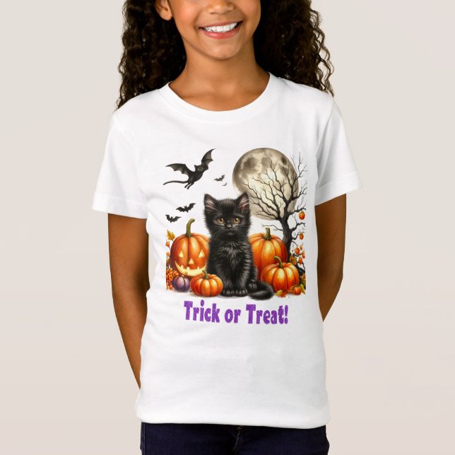 T-Shirt Trick ou traitement Halloween Chat noir Citrouille (Devant)