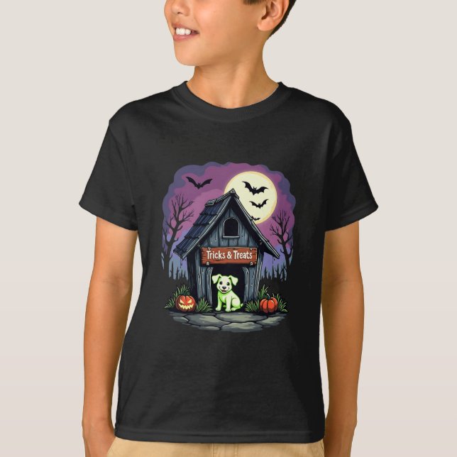 T-shirt Tricks et Traite Mignonne Chien Halloween (Devant)