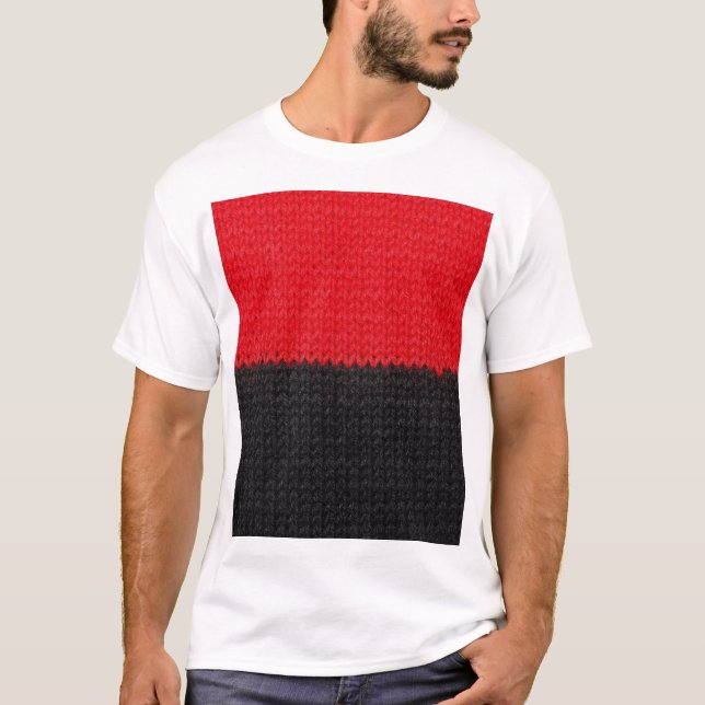 T-shirt tricot rouge-noir : closeup rayé. (Devant)