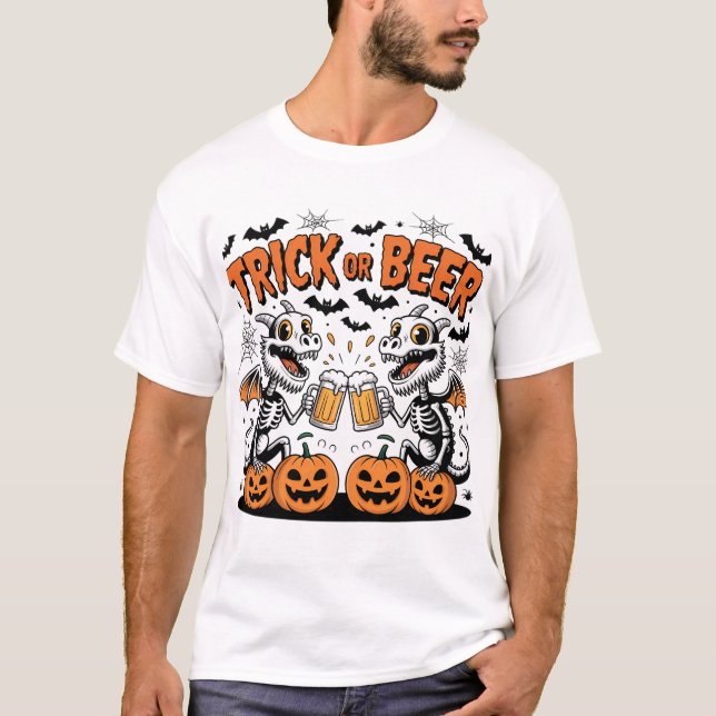 T-shirt Tricoter ou bière Dragons squelette Halloween Art (Devant)