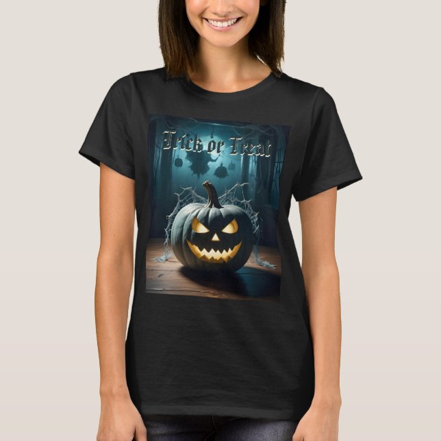 T-shirt Tricoter Ou Traiter Citrouille Turquoise Halloween (Devant)