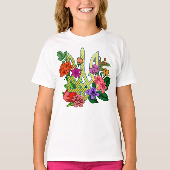 T-shirt trident tryzub de l'héraldique ukrainienne fleurs  (Devant)