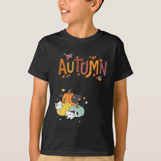 T-shirt Trio Cute Citrouille Chats Bonjour Automne Automne (Devant)