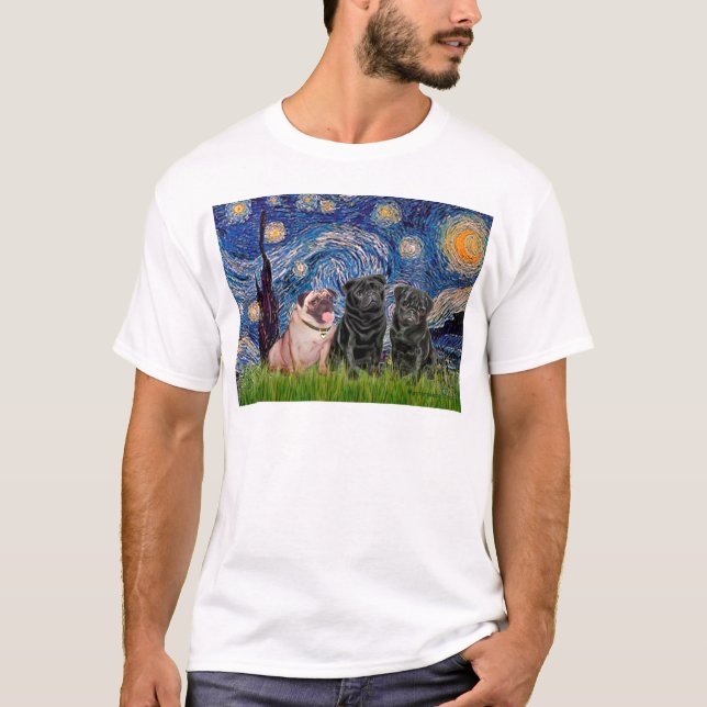 T-shirt Trio de Pug (1F,2B) - Nuit étoilée (Devant)