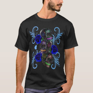 T-shirt Triple Jour Noir Des Crânes Morts Avec Rose Bleu