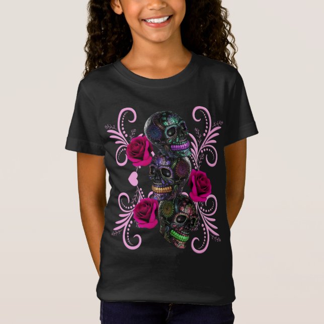 T-Shirt Triple Jour Noir Des Crânes Morts Roses Rose (Devant)