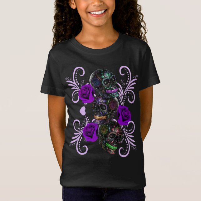 T-Shirt Triple Jour Noir Des Crânes Morts Roses Violets (Devant)