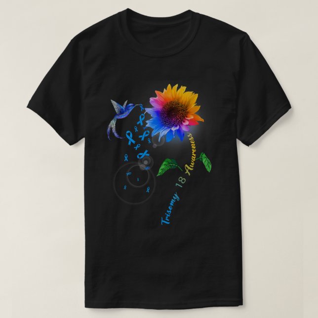 T-shirt Trisomie 18 Sensibilisation Tournesol bleu Colibri (Design devant)