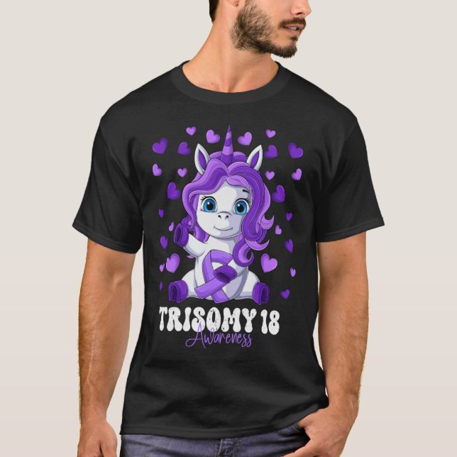 T-shirt Trisomy 18 Awareness Month Purple Ribbon Unicorn (Devant)