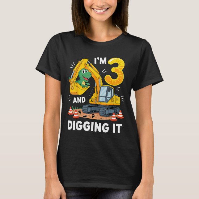 T-shirt Trois 3 ans 3e anniversaire construction dinosaure (Devant)