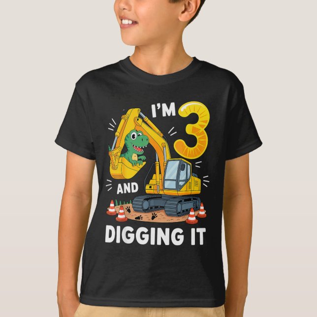 T-shirt Trois 3 ans 3e anniversaire construction dinosaure (Devant)