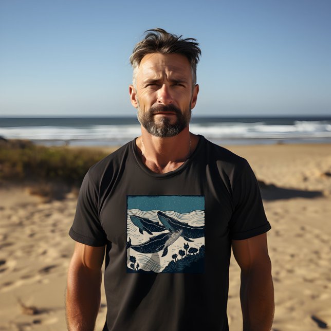 T-shirt Trois Baleines Bleues, Gras Imprimer Noir Homme (A bold print of three blue whales under the sea on a men's black t-shirt, perfect for animal lovers.)