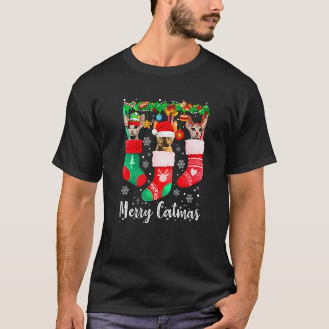 T-shirt Trois chats Devon Rex dans une chaussette Joyeux C (Devant)
