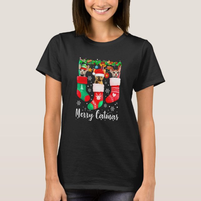 T-shirt Trois chats Devon Rex en chaussette Joyeux Catmas (Devant)