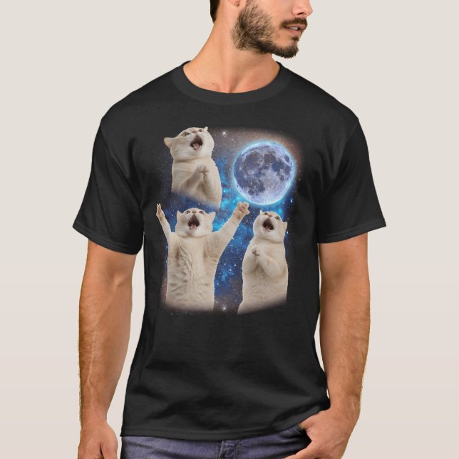 T-shirt Trois Chats hurlant Sur La Lune Mème Étrange Chat (Devant)