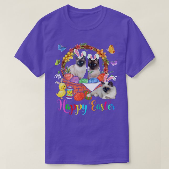 T-shirt Trois Chats Siamois Lapin Dans Le Panier Oeufs De  (Design devant)
