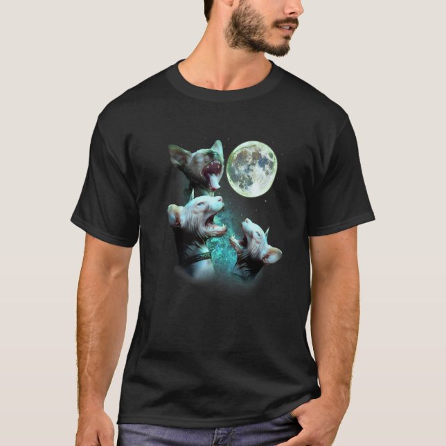 T-shirt Trois Chats Sphynx Sans Cheveux À La Lune 3 Loups  (Devant)
