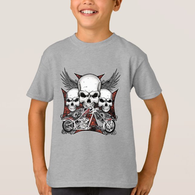 T-shirt Trois crâne avec Chopper Rouge Motorcycle Boy T-Sh (Devant)