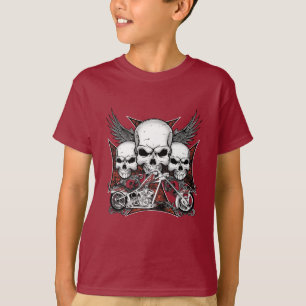 T-shirt Trois crâne avec Chopper Rouge Motorcycle Boy T-Sh