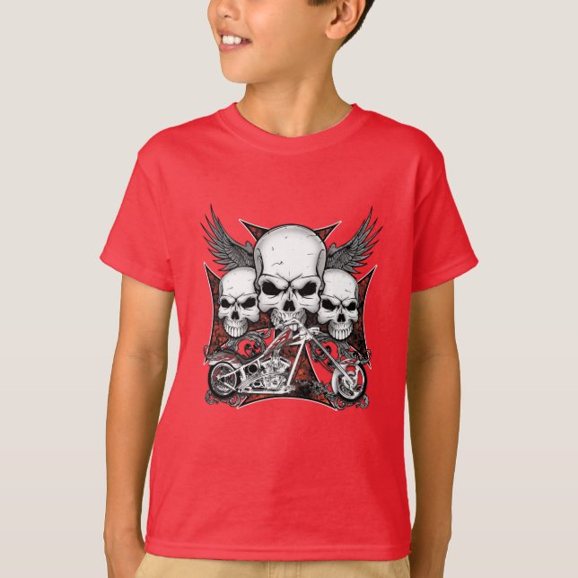 T-shirt Trois crâne avec Chopper Rouge Motorcycle Boy T-Sh (Devant)