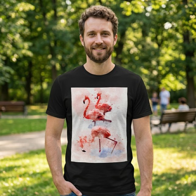 T-shirt Trois flamants roses en impression d'art à l'aquar (Three Pink Flamingos in Watercolor Art Print. Men Basic Black T-Shirt)