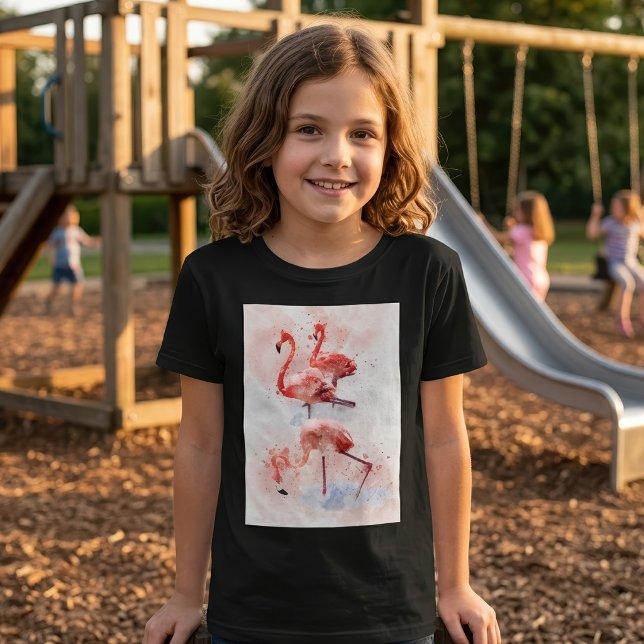T-shirt Trois flamants roses en impression d'art à l'aquar (Three Pink Flamingos in Watercolor Art Print. Girl Basic Black T-Shirt)