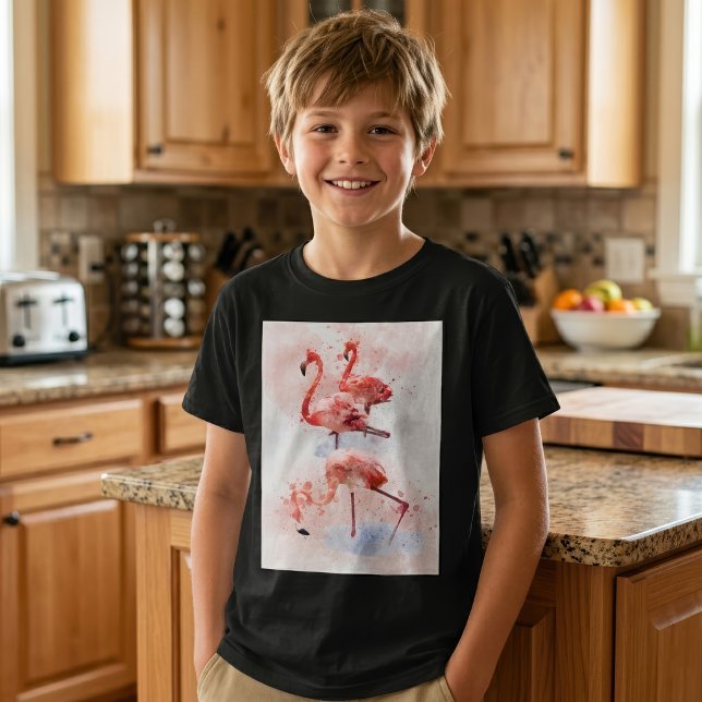 T-shirt Trois flamants roses en impression d'art à l'aquar (Three Pink Flamingos in Watercolor Art Print. Boy Basic Black T-Shirt)