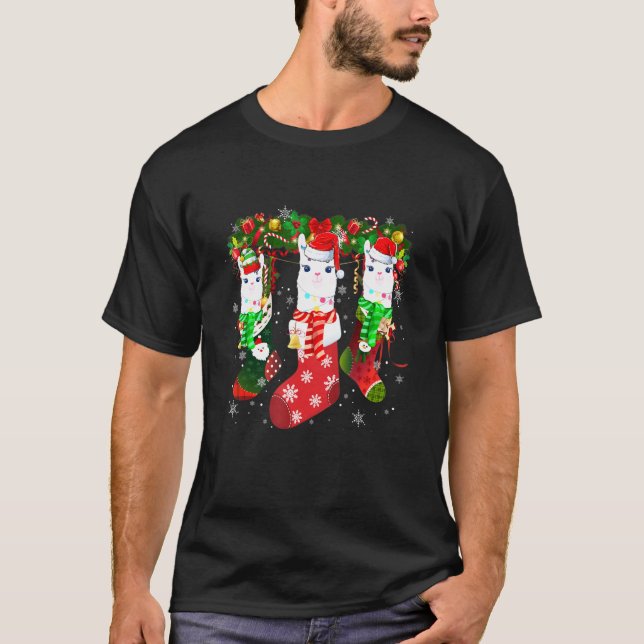 T-shirt Trois Llama En Sock Noël Chapeau Père Noël (Devant)