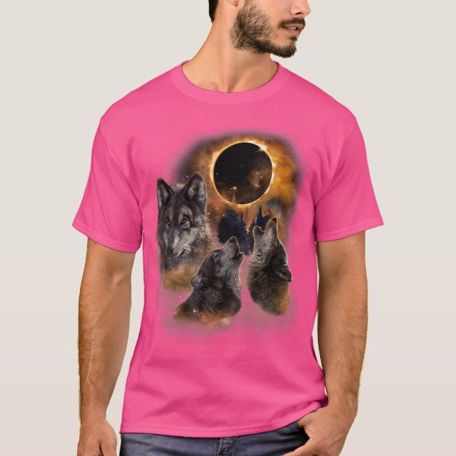 T-shirt Trois Loups Et Solar Eclipse Forêt Loups Animaux (Devant)