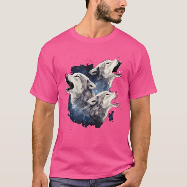 T-shirt Trois Loups hurlant Sur L'Amoureux Du Loup Lune (Devant)