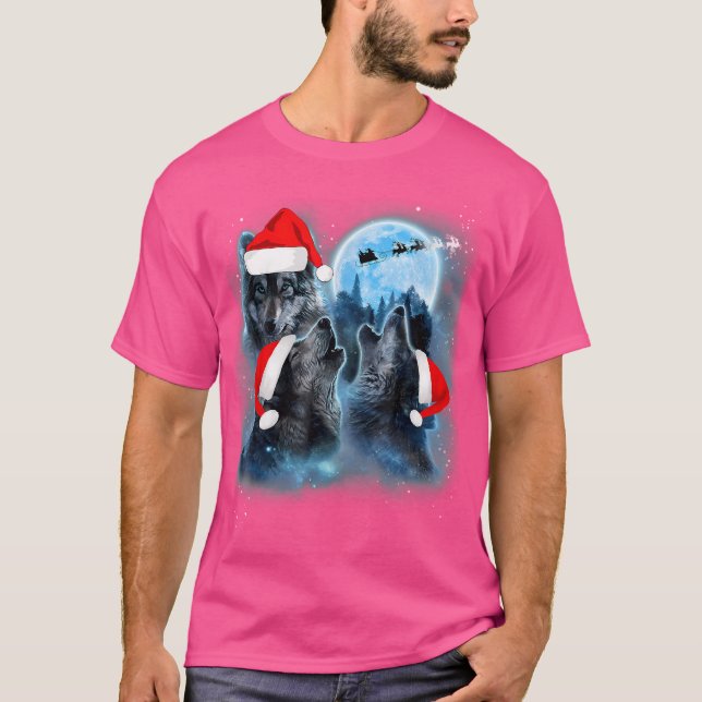 T-shirt Trois Loups hurlent sous la lune Noël Père Noël Wo (Devant)