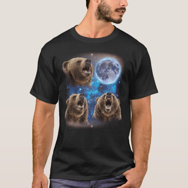 T-shirt Trois Ours Grizzly hurlant Sur La Lune Mème Étrang (Devant)