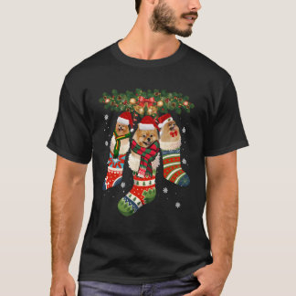T-shirt Trois Pomeranian en chaussette Noël Chapeau Santa 