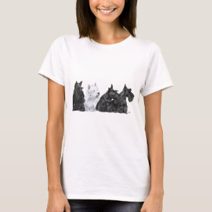 T-shirt Trois Scotties curieux et un Westie