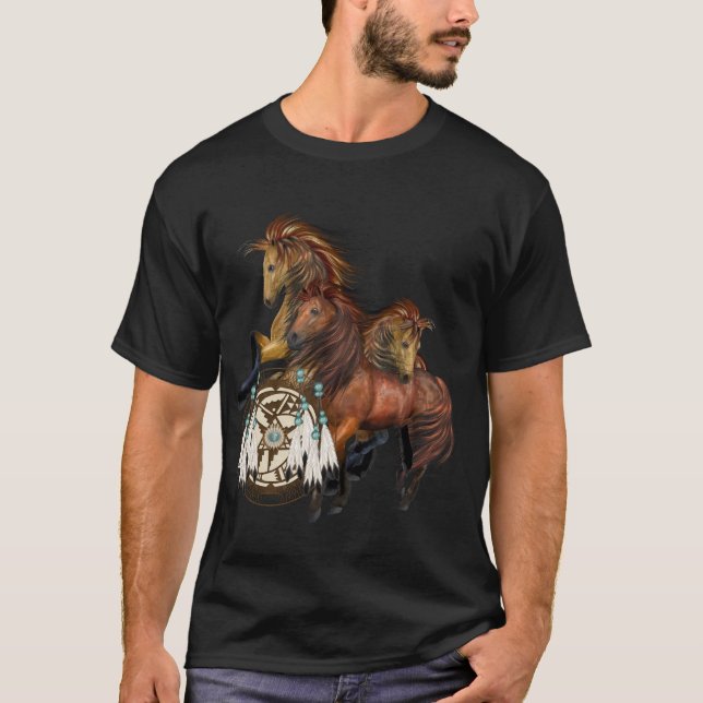 T-shirt Trois Stallions sauvages et Chemise Mandala (Devant)