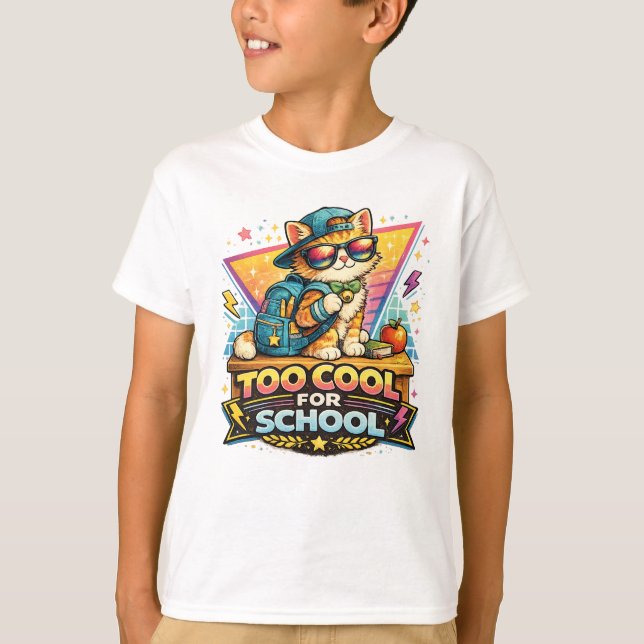 T-shirt Trop Cool Pour l'École Chat Rétro (Devant)
