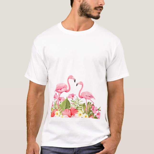 T-shirt Tropcal Flowers and Flamingos (Devant)