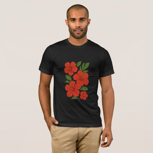 T-shirt Tropical Elegance Red Hibiscus on Black (Devant entier)