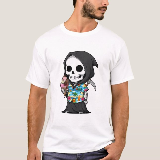 T-shirt Tropical Grim Treats – Playful Skeleton Cartoon (Devant)