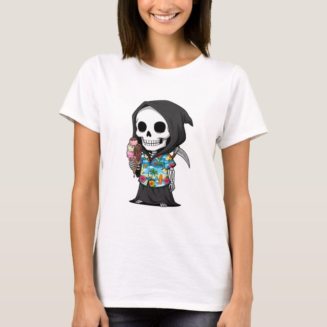 T-shirt Tropical Grim Treats – Playful Skeleton Cartoon (Devant)