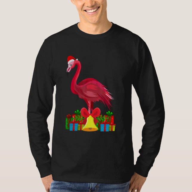 T-shirt Tropical Pink Flamingo Christmas with Decorations (Devant)