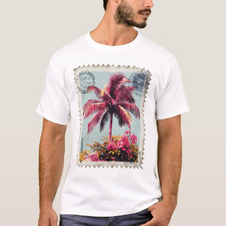 T-shirt Tropical Pink Palm Postage Stamp Vintage Beach T‑S