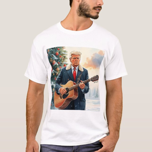 T-shirt Trump jouant à la guitare acoustique par sapin de  (Devant)