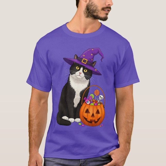 T-shirt Tuedo Witch Cat Halloween Candy Basket for Men Wom (Devant)
