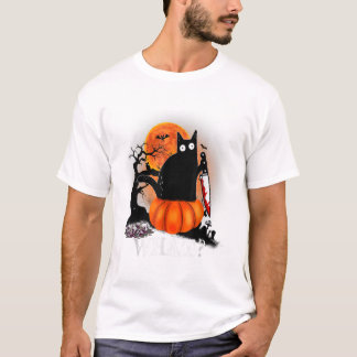 T-shirt Tueur Halloween Lune effrayante Chat noir avec cou