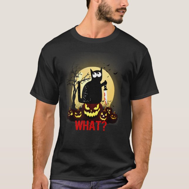 T-shirt Tueur Halloween Lune effrayante Chat noir avec cou (Devant)